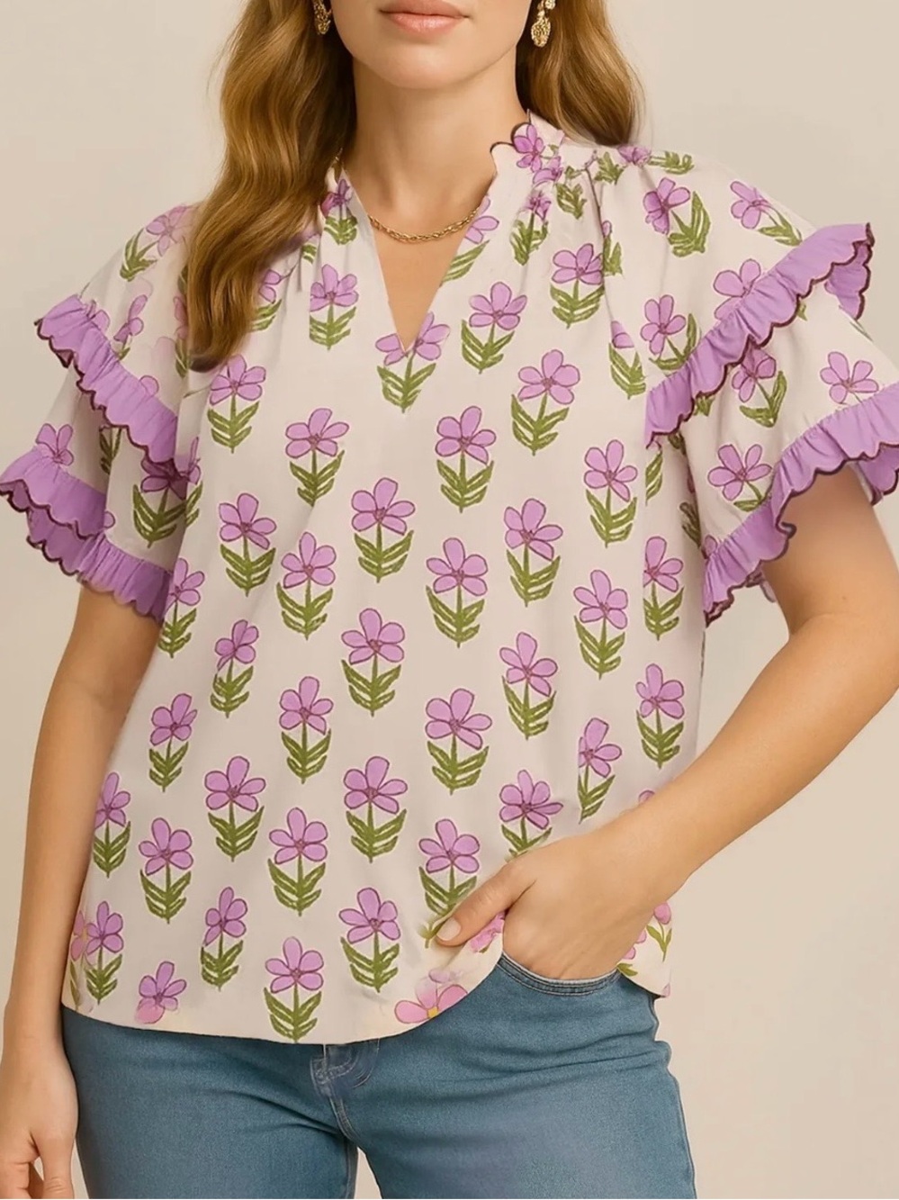 Umgee Cream Top with Lavender Floral Print and Ruffle Sleeves